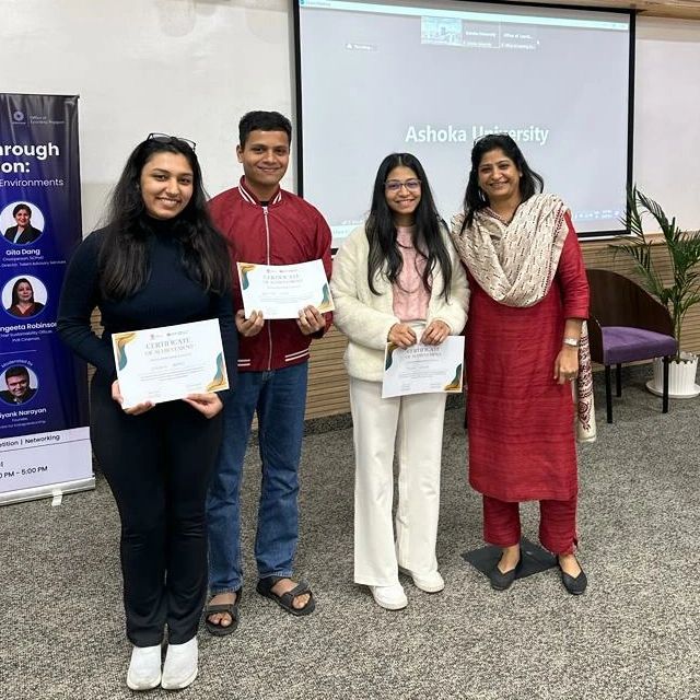 Winners of the pitch competition holding certificates and posing with Reena Gupta