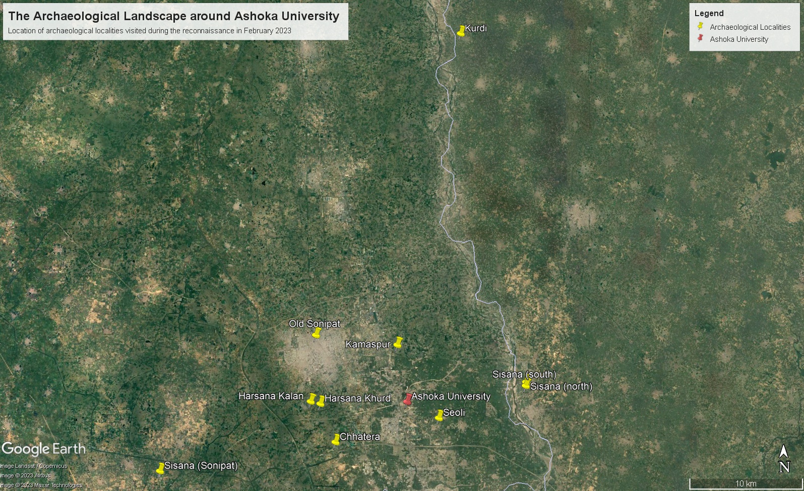 Location of archaeological sites investigated during the course of reconnaissance fieldwork in February 2023